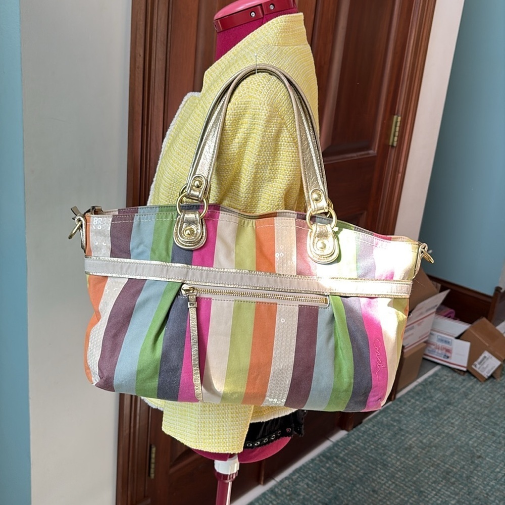 Coach 19026 poppy striped bag tote Crossbody/rhinestone chain add gold leather - Picture 6 of 17